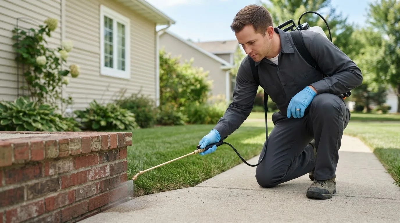 Pest control technician treating a home near Corrales, NM